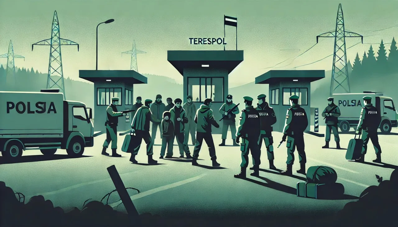 Мігранты на мяжы ў Цярэспалі спрабуюць атрымаць міжнародную ахову. Ілюстрацыя згенеравана Hrodna.life у DALL·E